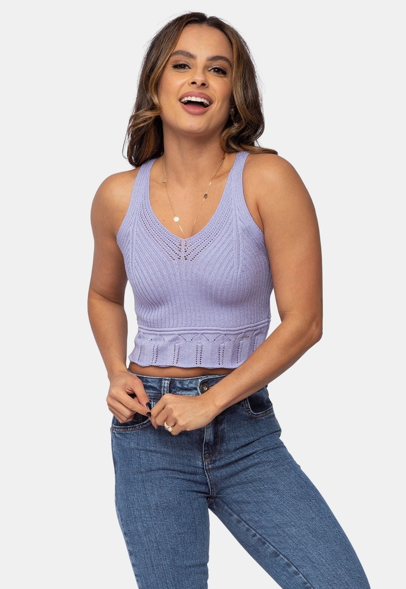 Tricô Blusa Regata Pink Tricot Canelado Decote V e Babado na Cintura Feminino Lilás Eva