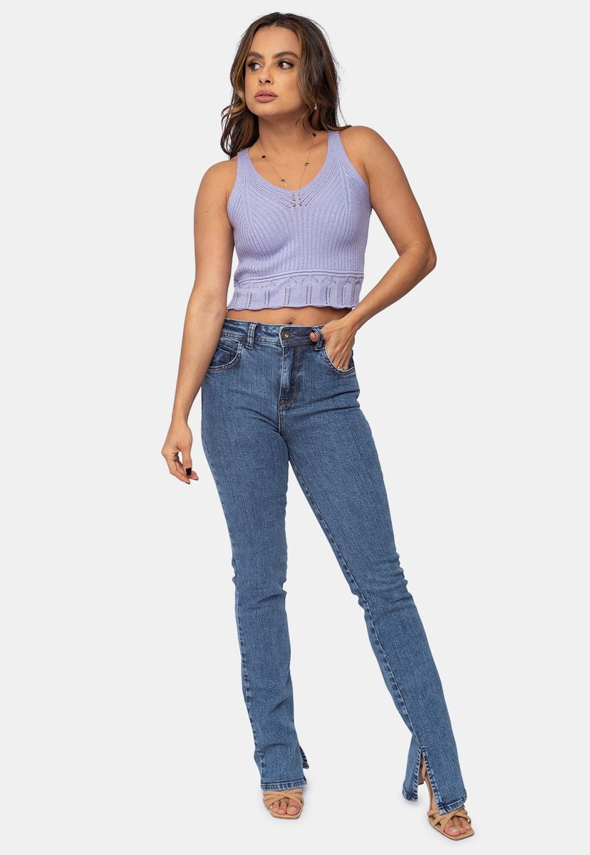 Tricô Blusa Regata Pink Tricot Canelado Decote V e Babado na Cintura Feminino Lilás Eva