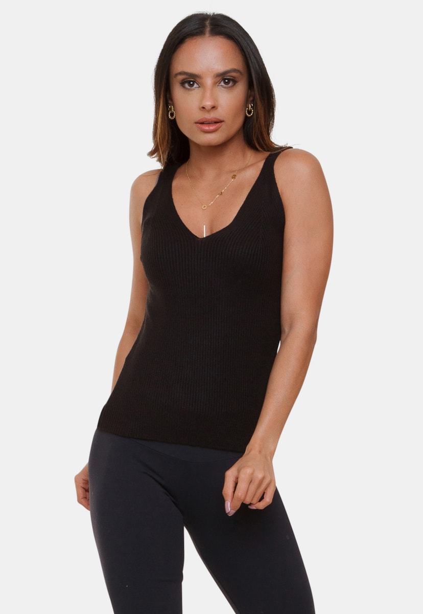 Tricô Blusa Regata Pink Tricot Modal Canelada Carol Decote V e Alças Feminino Preto