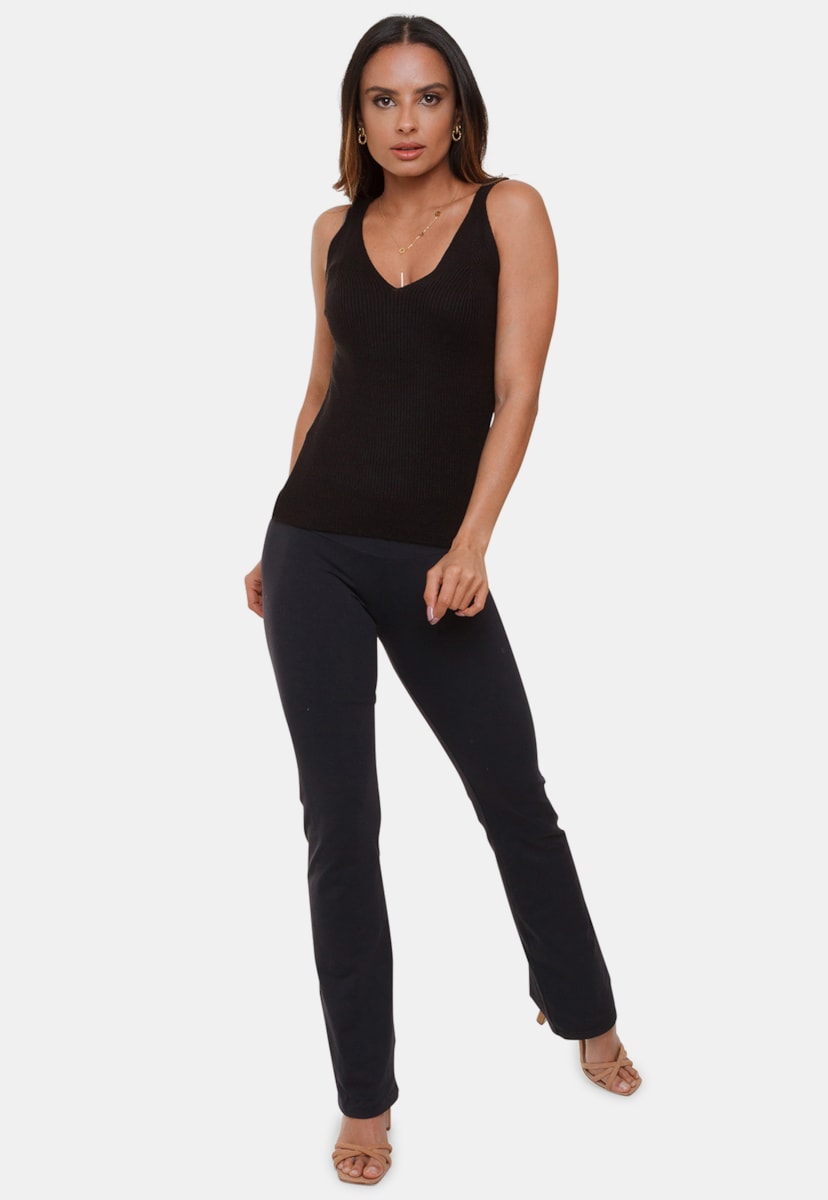 Tricô Blusa Regata Pink Tricot Modal Canelada Carol Decote V e Alças Feminino Preto