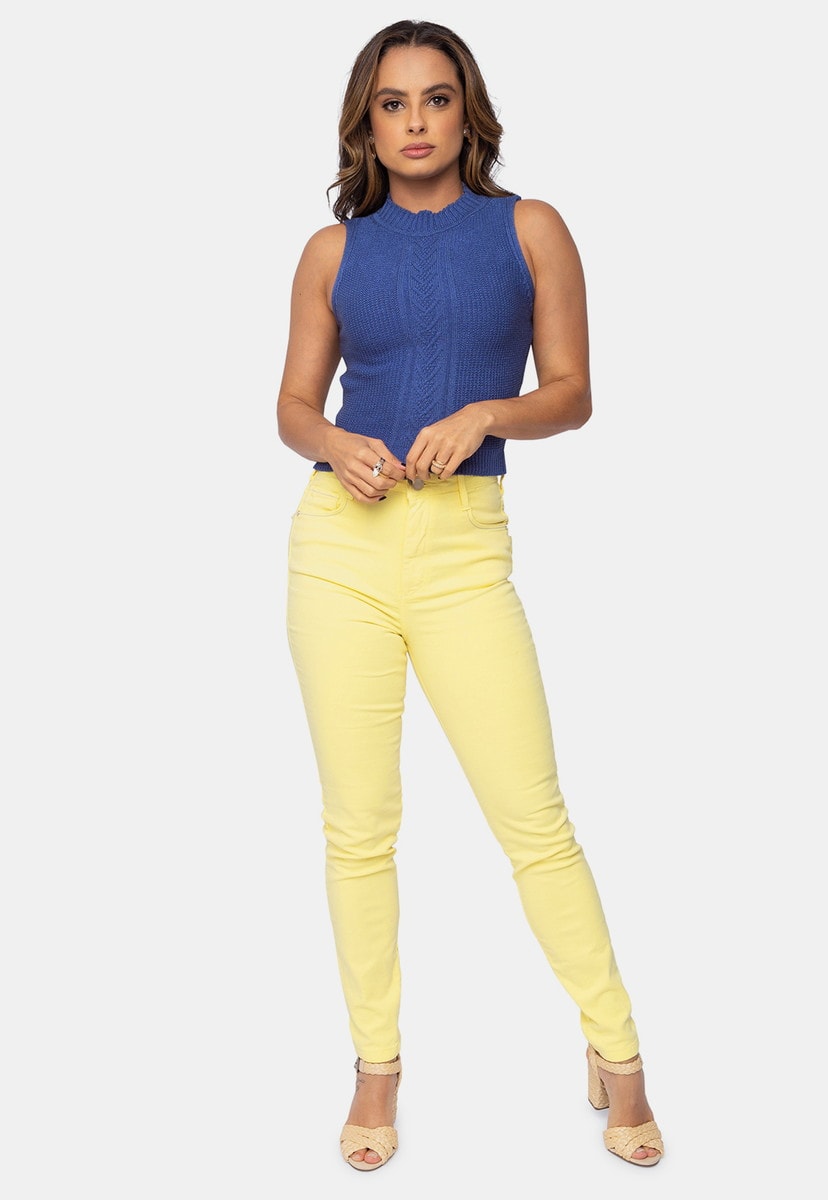Tricô Blusa Regata Pink Tricot Modal com Trança no Meio Feminina Azul Bic Arlete