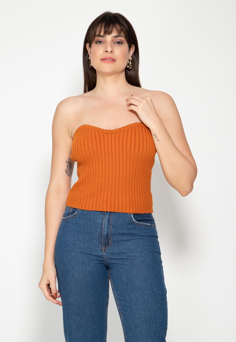 Tricô Blusa Sem Alça Decote Coração Pink Tricot Feminino Laranja