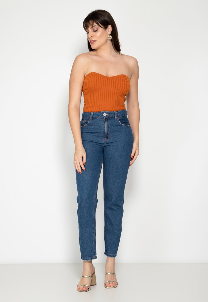 Tricô Blusa Sem Alça Decote Coração Pink Tricot Feminino Laranja
