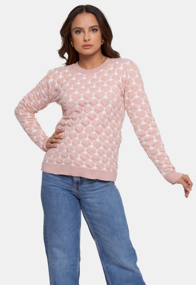 Tricô Blusa Sueter Pink Tricot Estampada de Frio Feminina Rosê