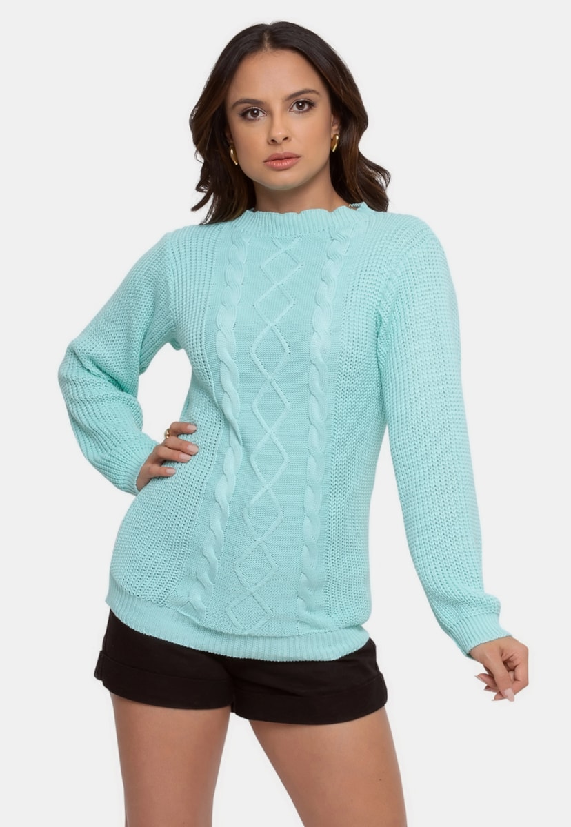 Tricô Blusa Sueter Pink Tricot Manga Longa de Frio Feminina Verde