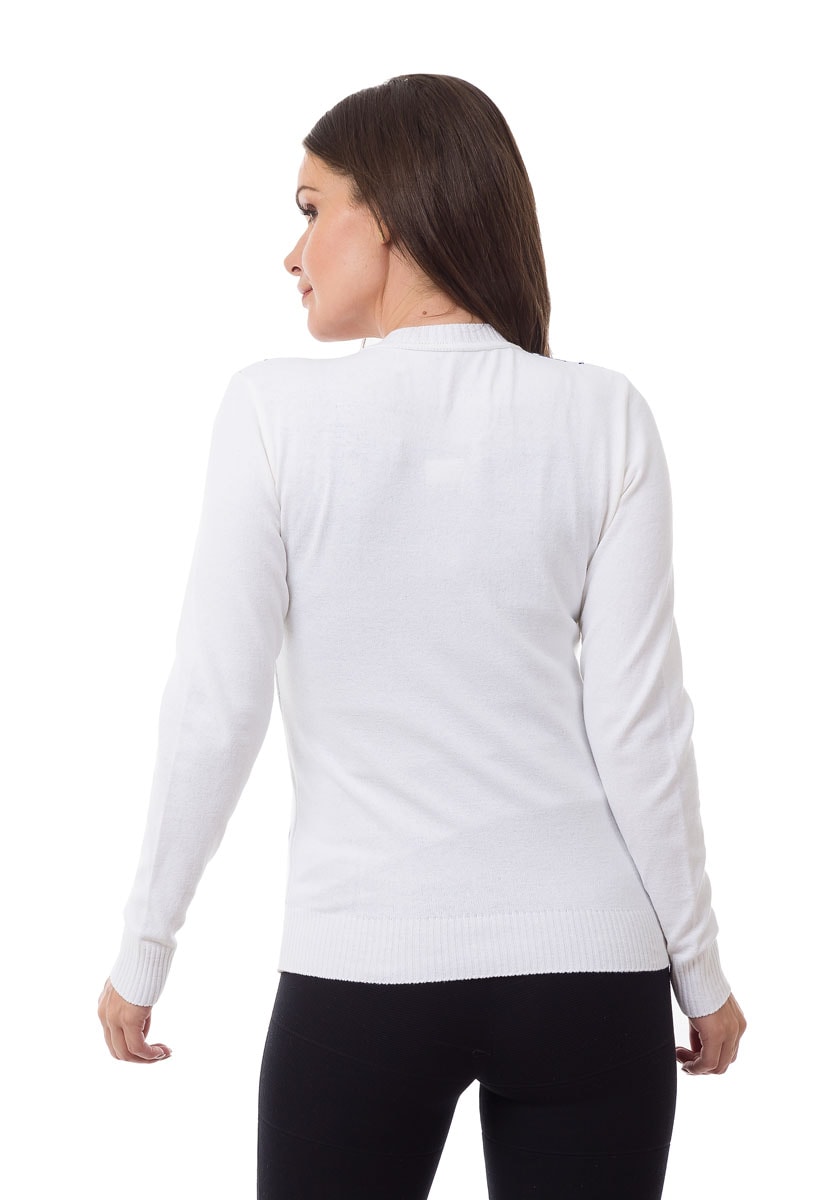 Tricô Blusa Suéter Pink Tricot Manga Longa Estampa Xadrez Escocesa Feminino Branco
