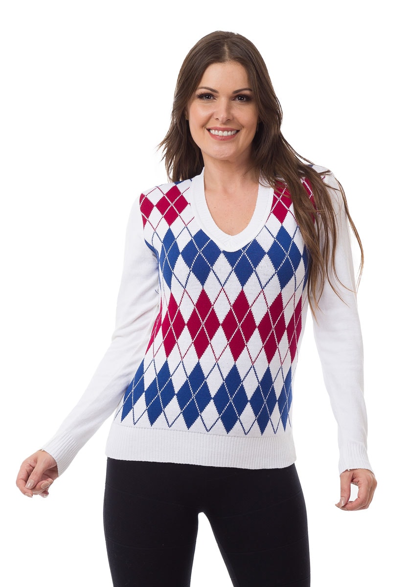 Tricô Blusa Suéter Pink Tricot Manga Longa Estampa Xadrez Escocesa Feminino Branco