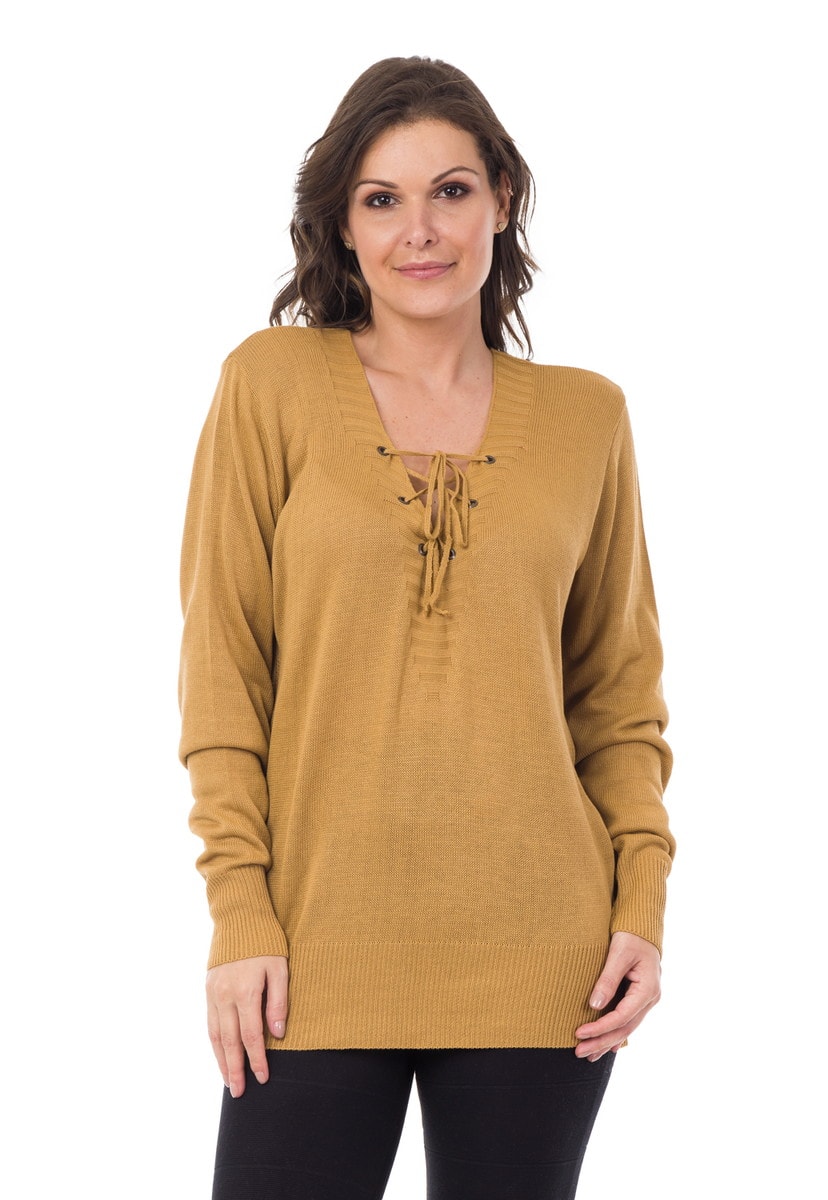 Tricô Blusa Suéter Pink Tricot Manga Longa Feminina Decote V com Ilhós Dourado