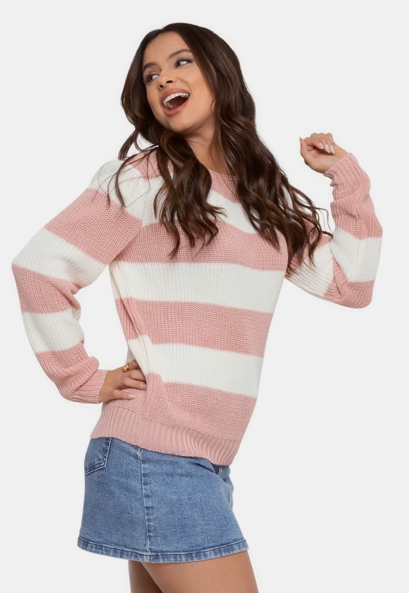 Tricô Blusa Suéter Pink Tricot Manga Longa Listrado Feminino Rosa