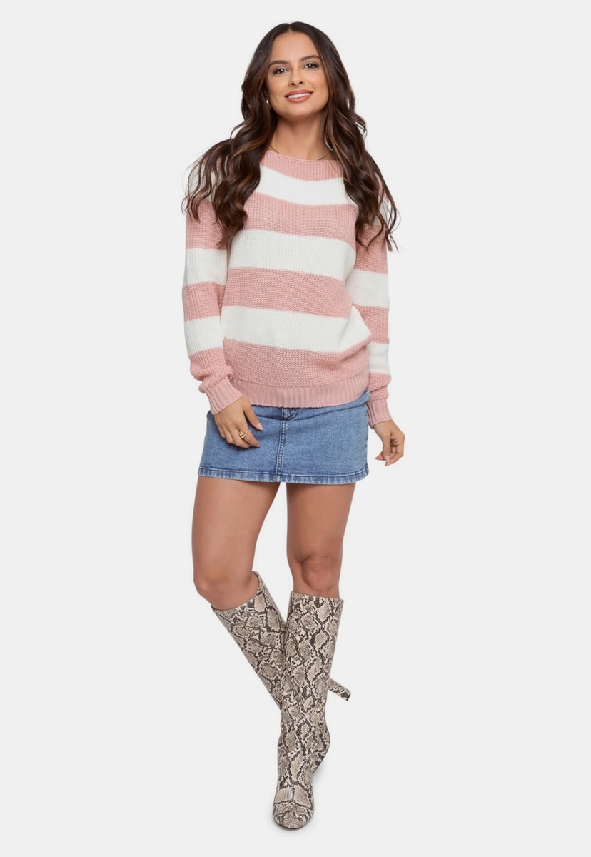 Tricô Blusa Suéter Pink Tricot Manga Longa Listrado Feminino Rosa