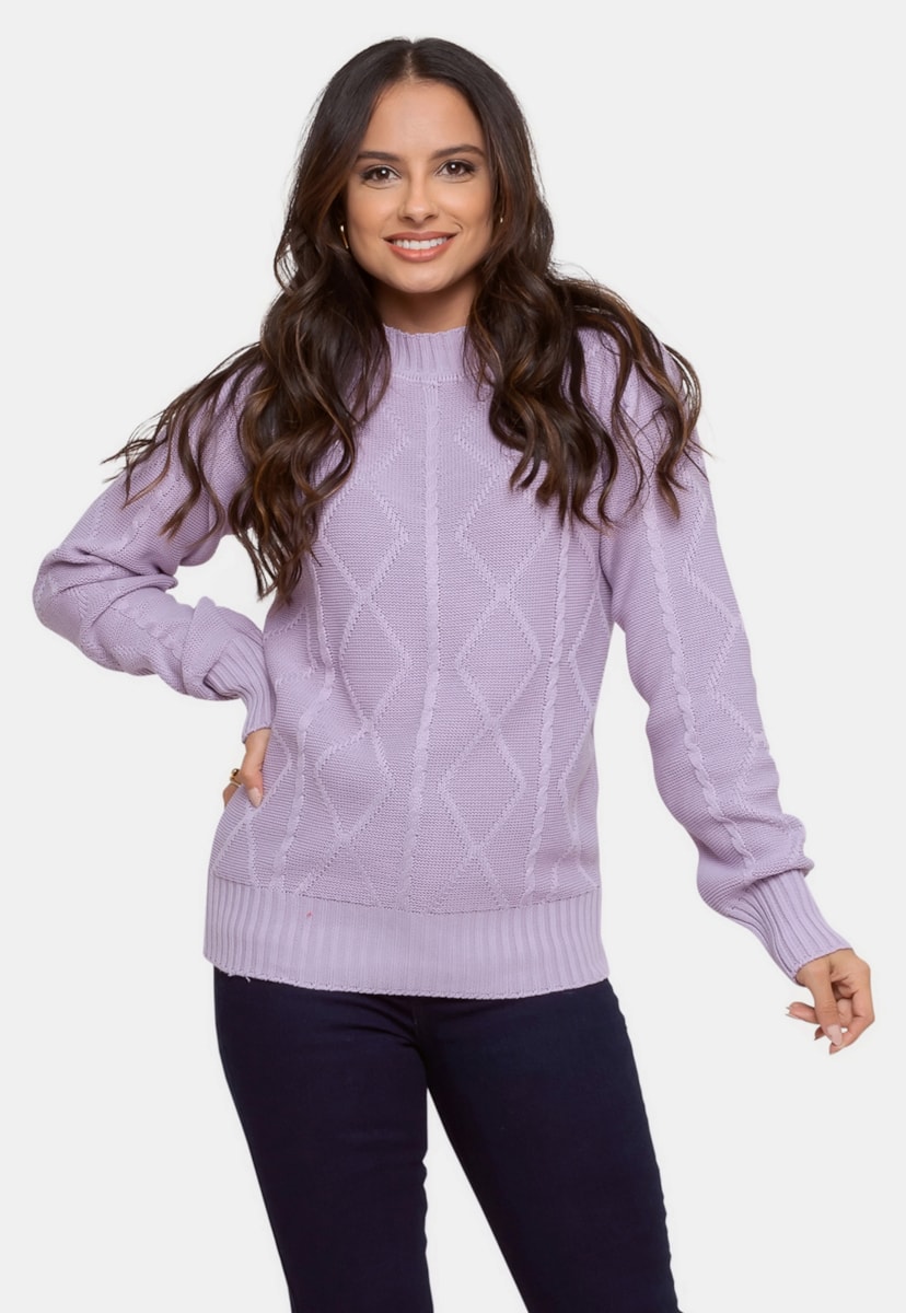 Tricô Blusa Sueter Pink Tricot Tranças Geométrica Feminina Lilás