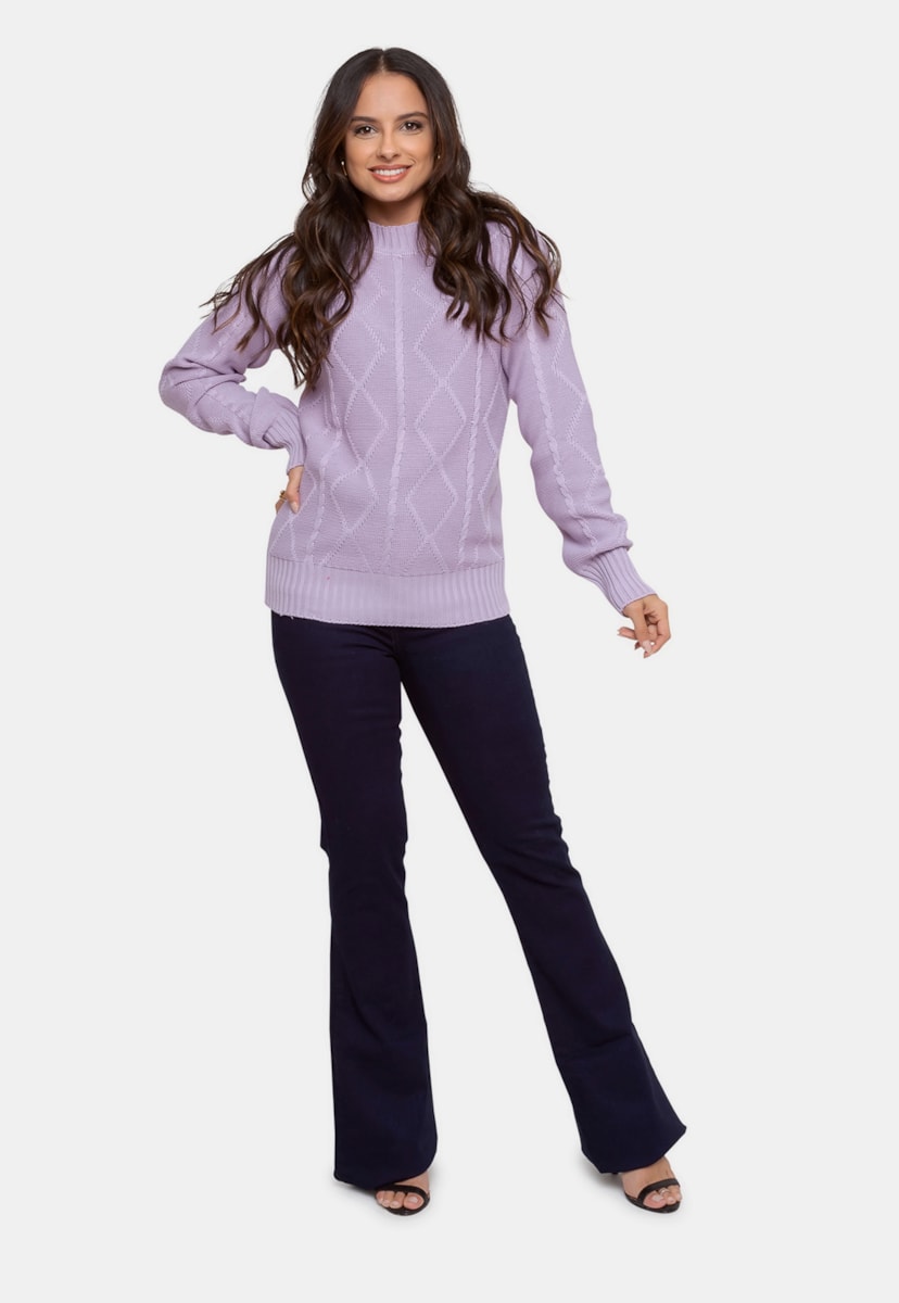 Tricô Blusa Sueter Pink Tricot Tranças Geométrica Feminina Lilás