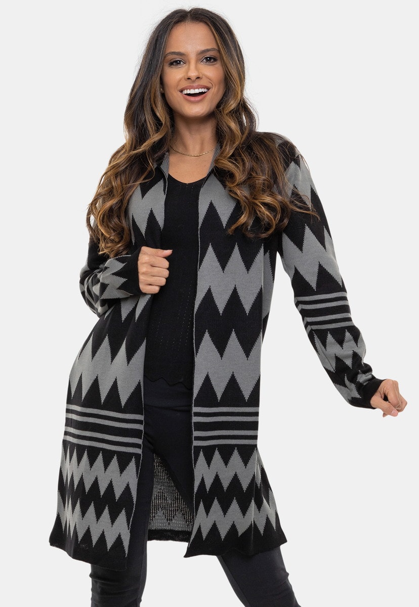 Tricô Cardigan Casaco Pink Tricot Lady Estampa de Listras Chevron e Manga Longa Feminino Preto/Cinza