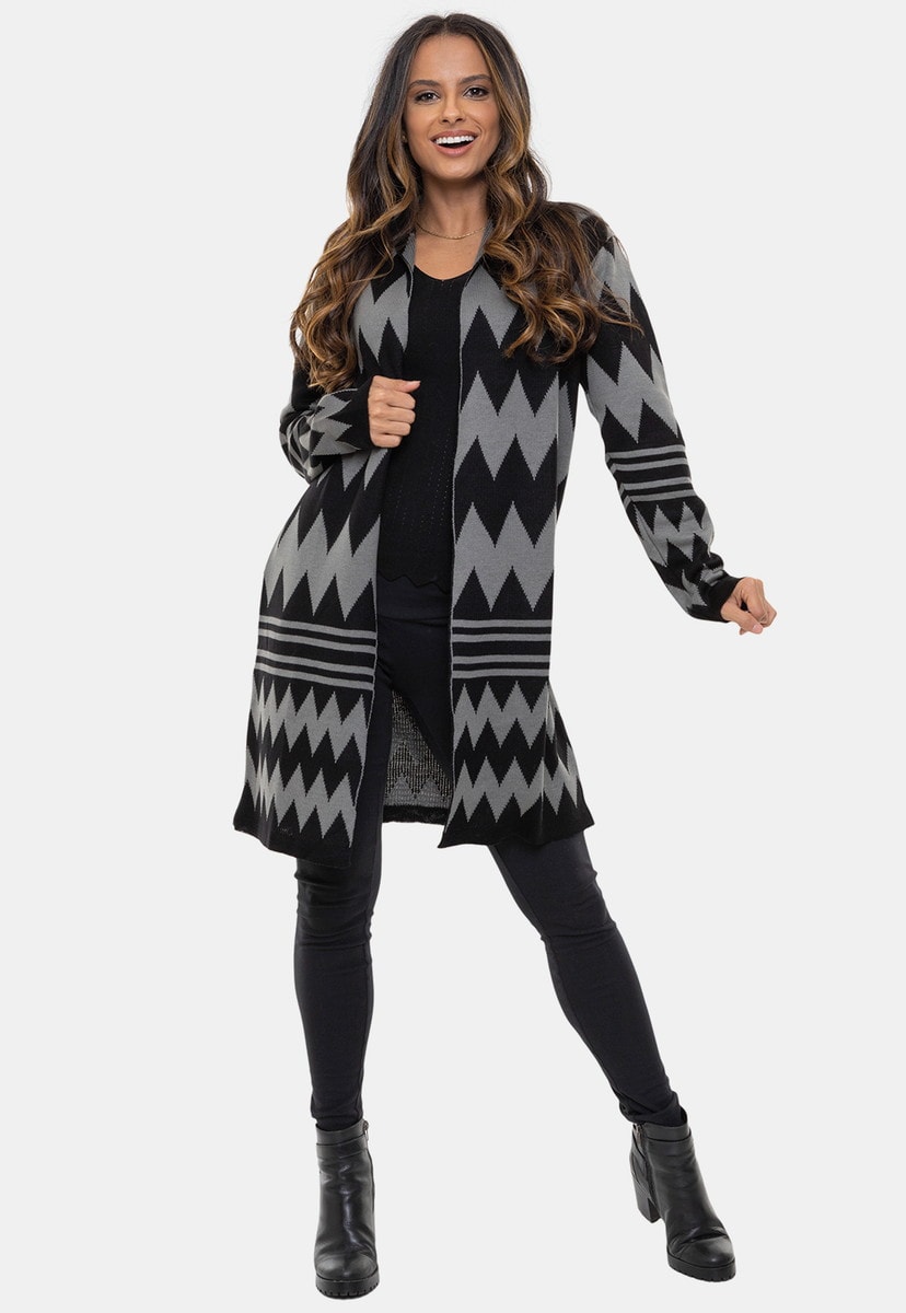 Tricô Cardigan Casaco Pink Tricot Lady Estampa de Listras Chevron e Manga Longa Feminino Preto/Cinza
