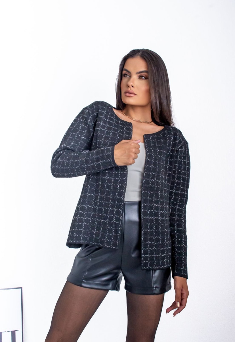 Tricô Cardigan Tweed de Tricot Estampa Geométrica Feminino Preto