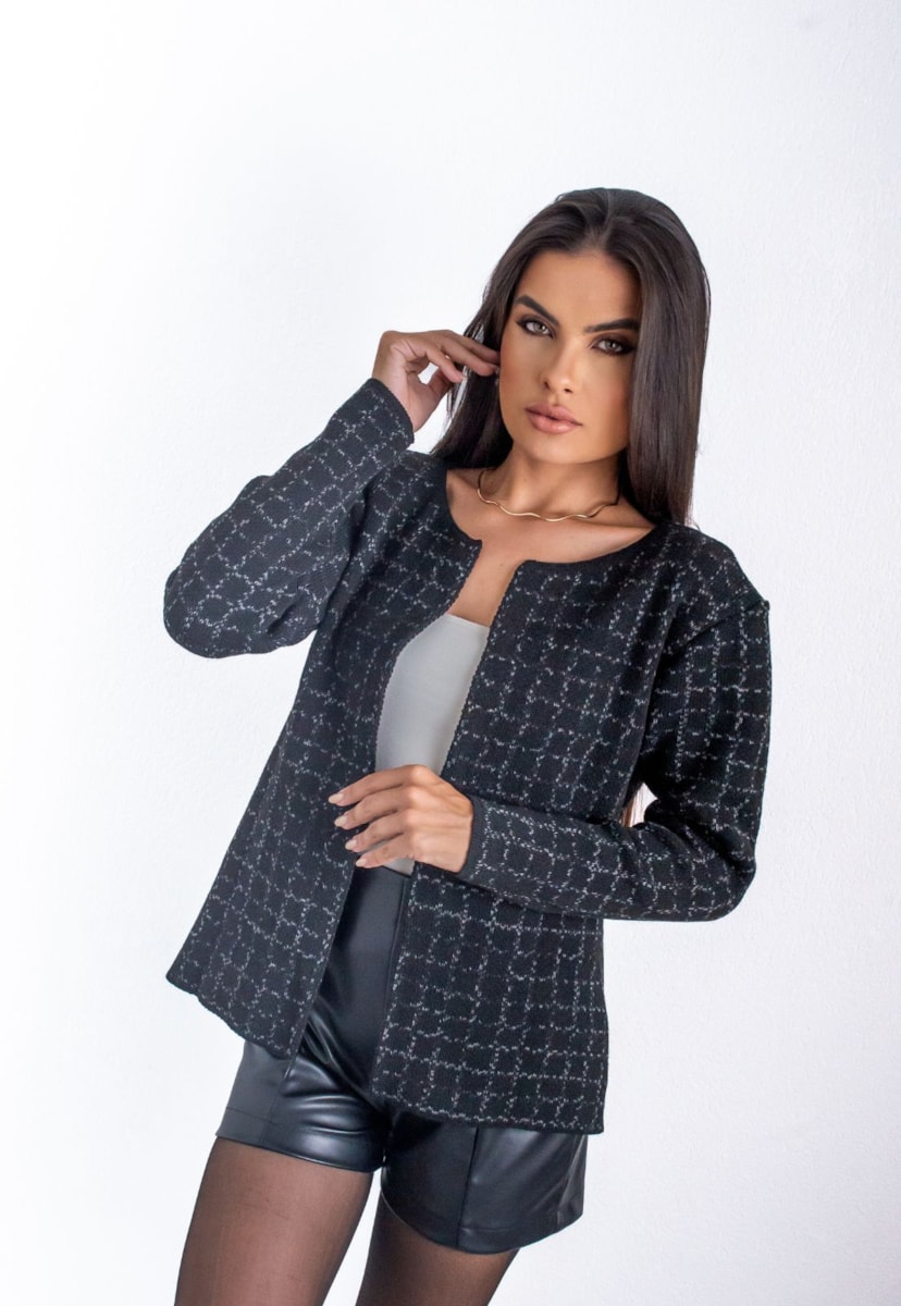 Tricô Cardigan Tweed de Tricot Estampa Geométrica Feminino Preto