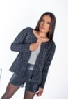 Tricô Cardigan Tweed de Tricot Estampa Geométrica Feminino Preto