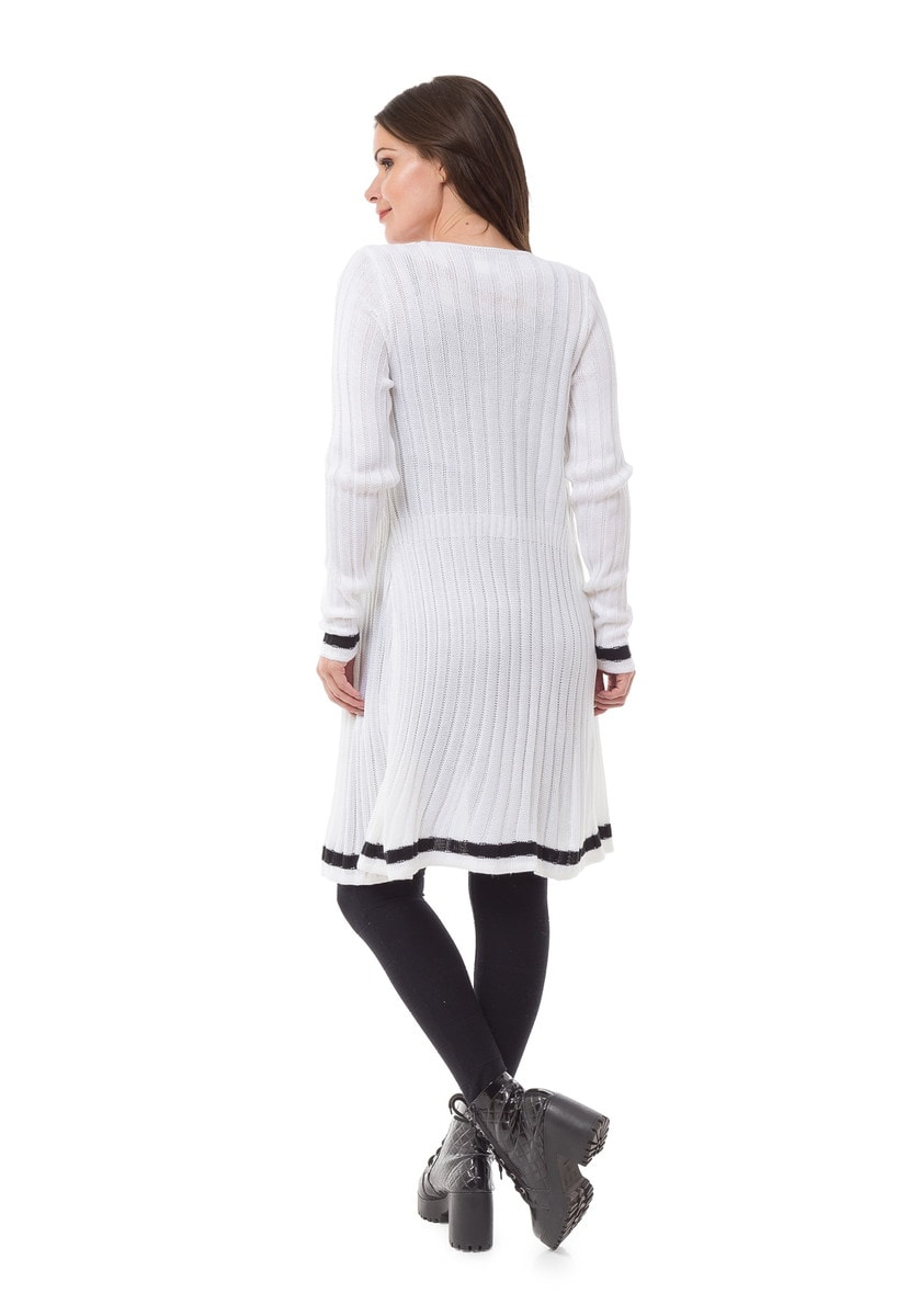 Tricô Casaco Cardigan Pink Tricot Manga Longa Canelado Listrado Feminino Off White
