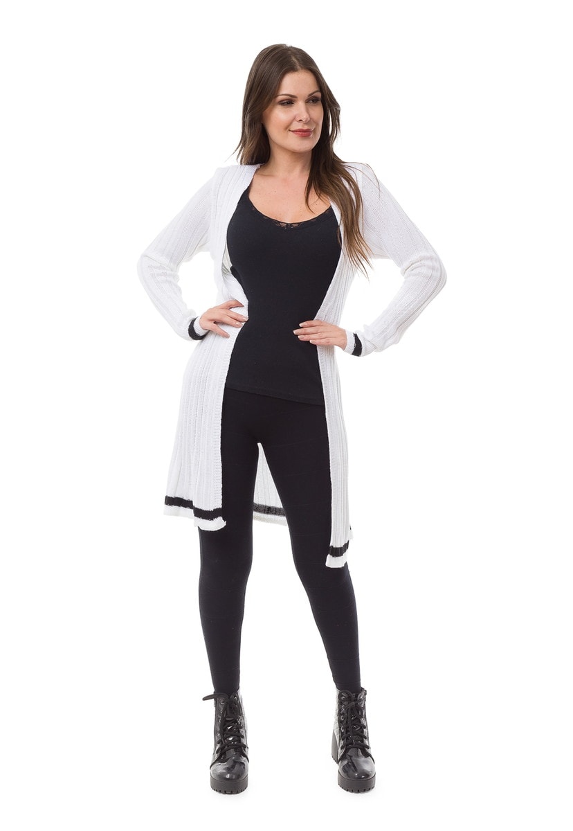 Tricô Casaco Cardigan Pink Tricot Manga Longa Canelado Listrado Feminino Off White