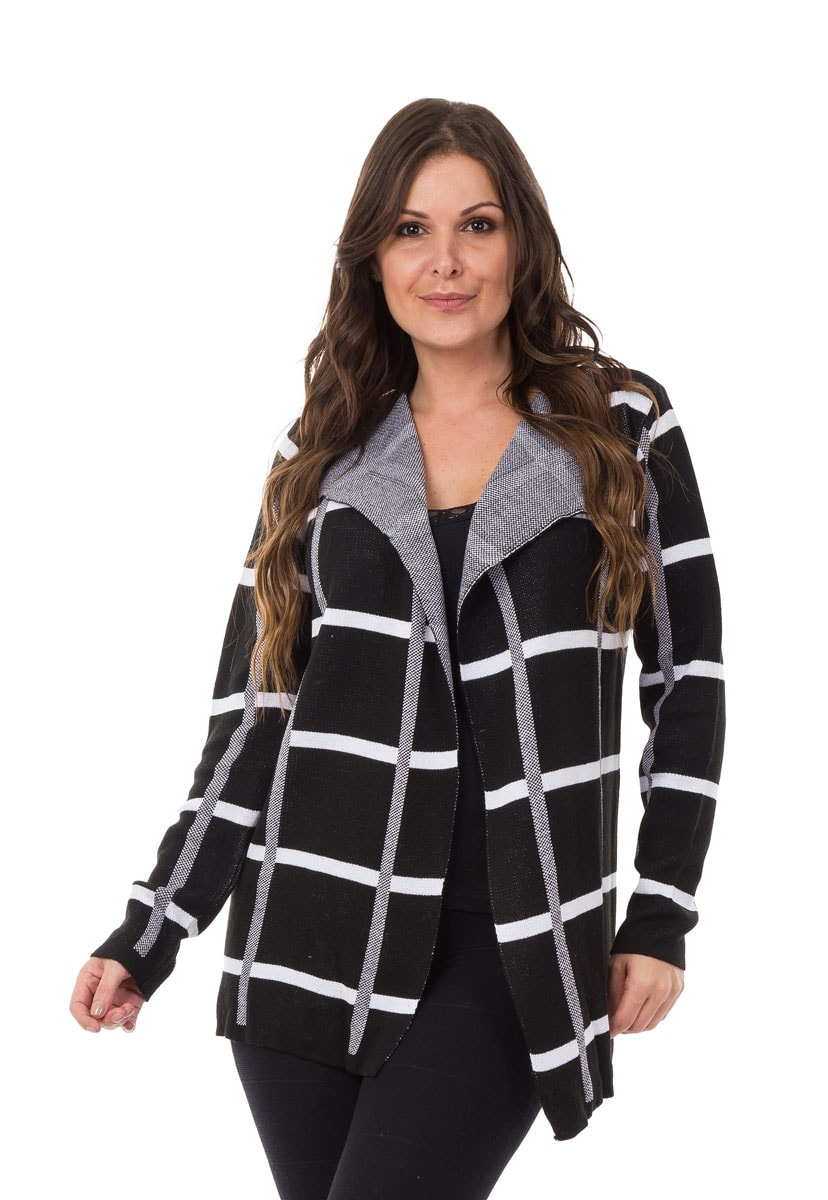 Tricô Casaco Kimono Pink Tricot Listras Xadrez de Frio Feminino