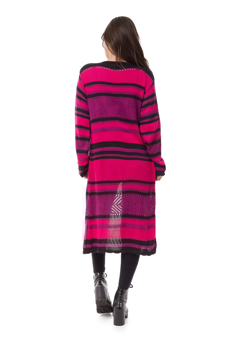 Tricô Casaco Pink Tricot Longo Listrado Feminino Roxo com Pink