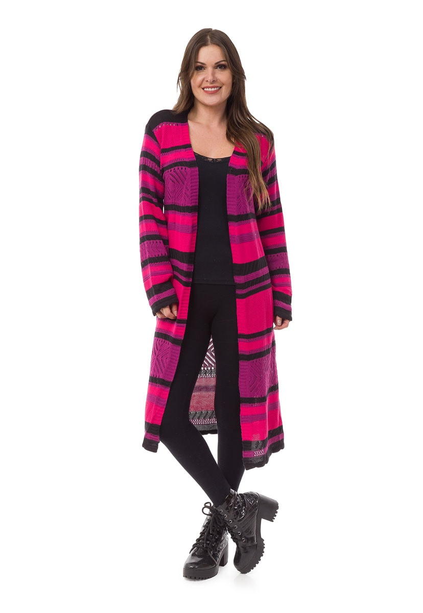 Tricô Casaco Pink Tricot Longo Listrado Feminino Roxo com Pink