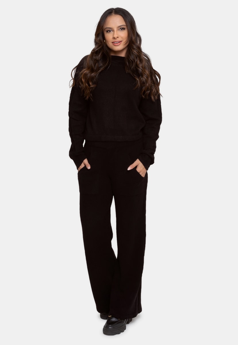 Tricô Conjunto Pink Tricot Blusa e Calça de Frio Feminino Preto