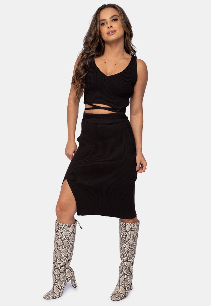 Tricô Conjunto Pink Tricot Cropped e Saia Midi com Fenda Feminino Preto