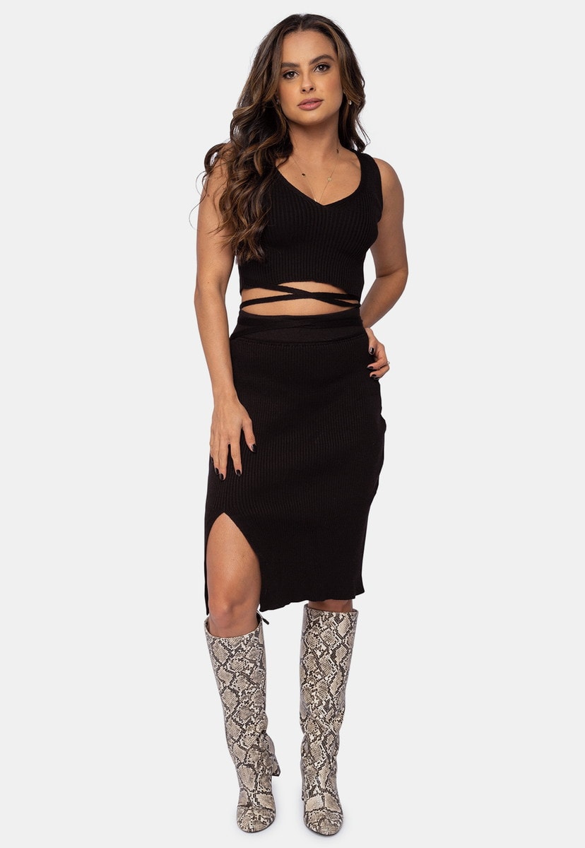 Tricô Conjunto Pink Tricot Cropped e Saia Midi com Fenda Feminino Preto