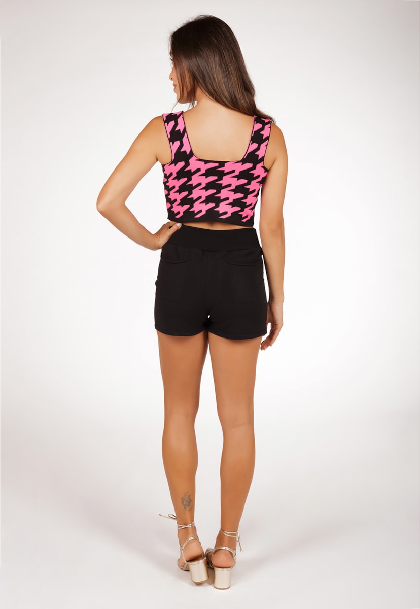 Tricô Conjunto Pink Tricot Moletinho Cropped Pied Poule E Short Liso Modal Feminino Rosa/Preto