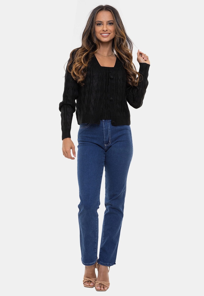 Tricô Conjunto Twin Set Pink Tricot Molly Trançado Com Casaco e Regata Feminino Preto