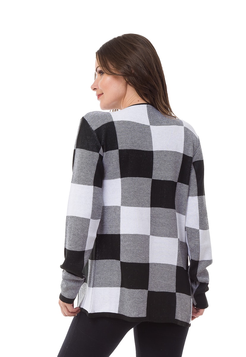 Tricô Kimono Pink Tricot Estampa Xadrez Feminino Preto com Branco