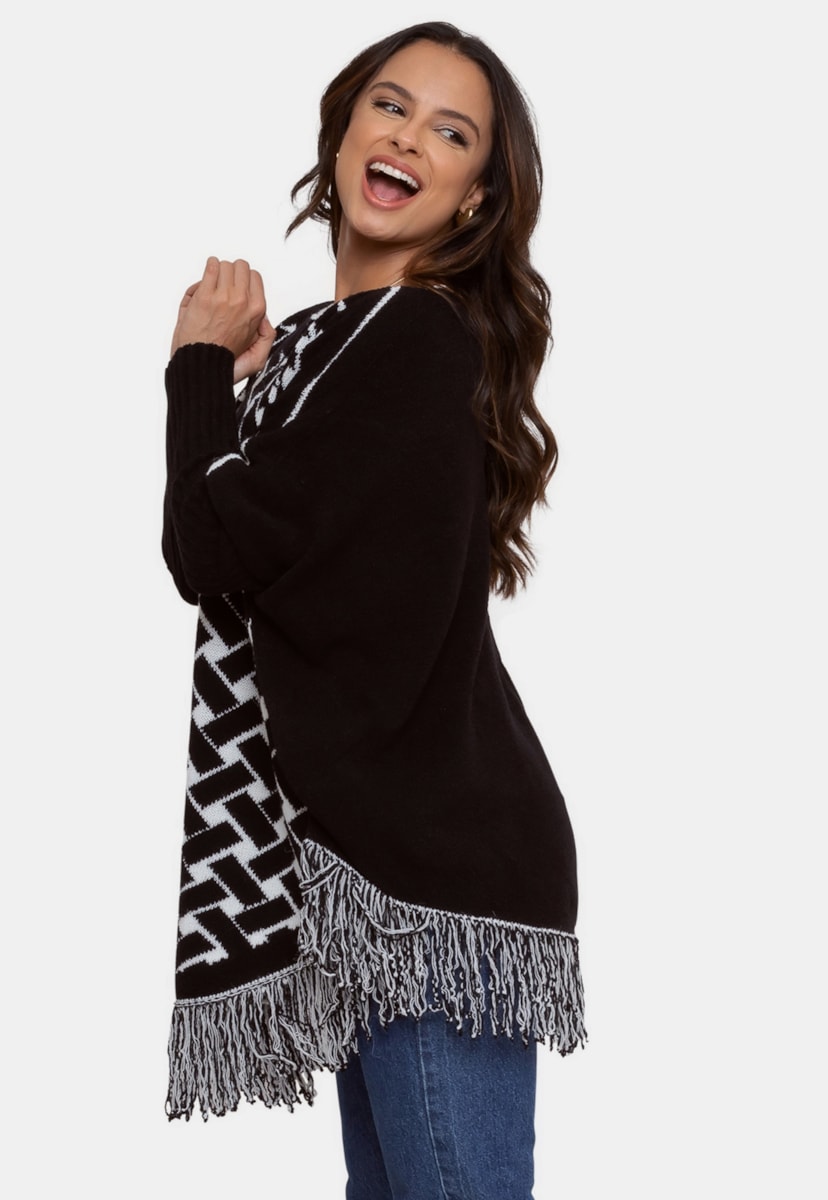 Tricô Poncho Casaco Pink Tricot De Frio e Franjas Feminino Preto