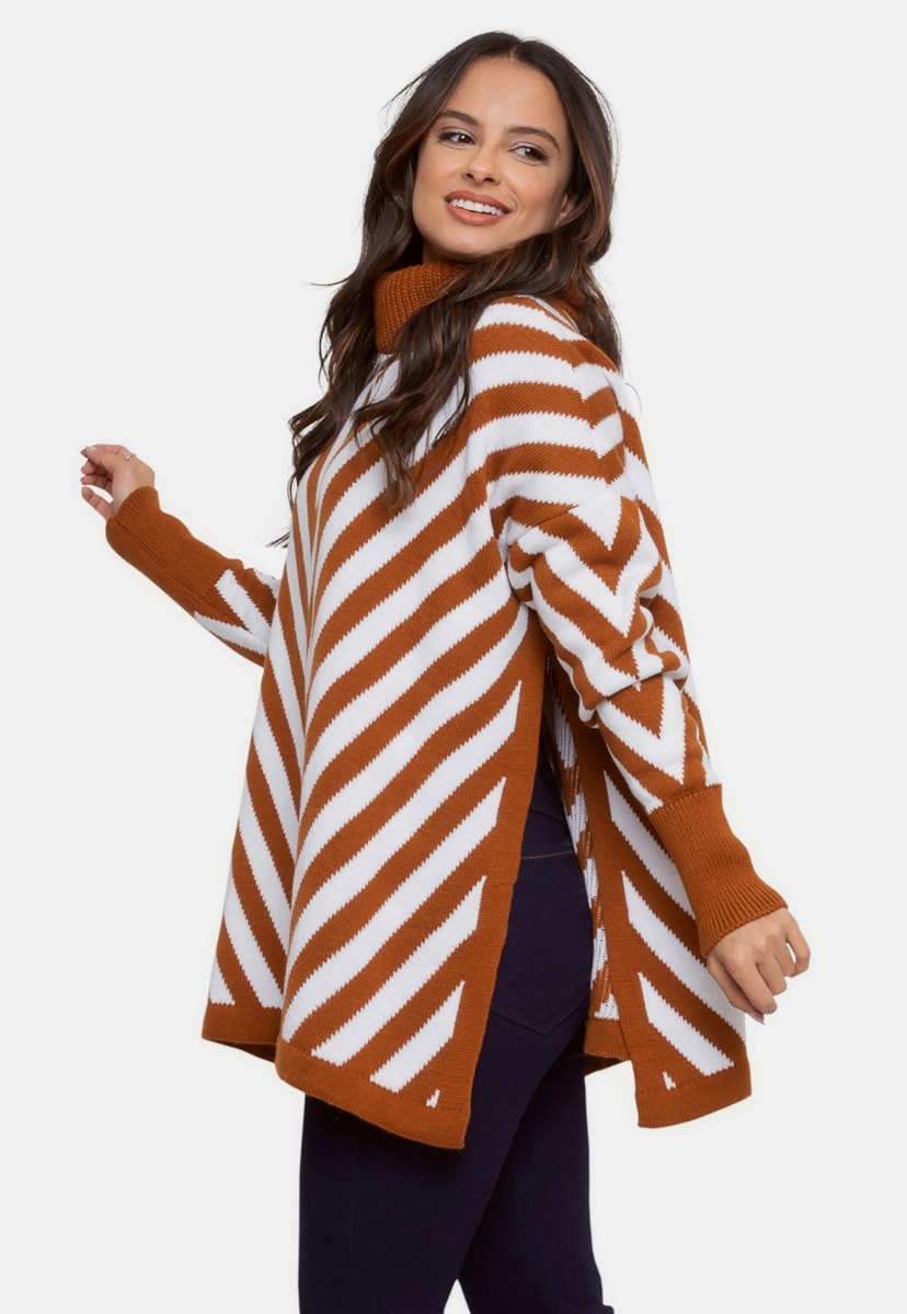 Tricô Poncho Casaco Pink Tricot Mousse Listrado Feminino Ferrugem