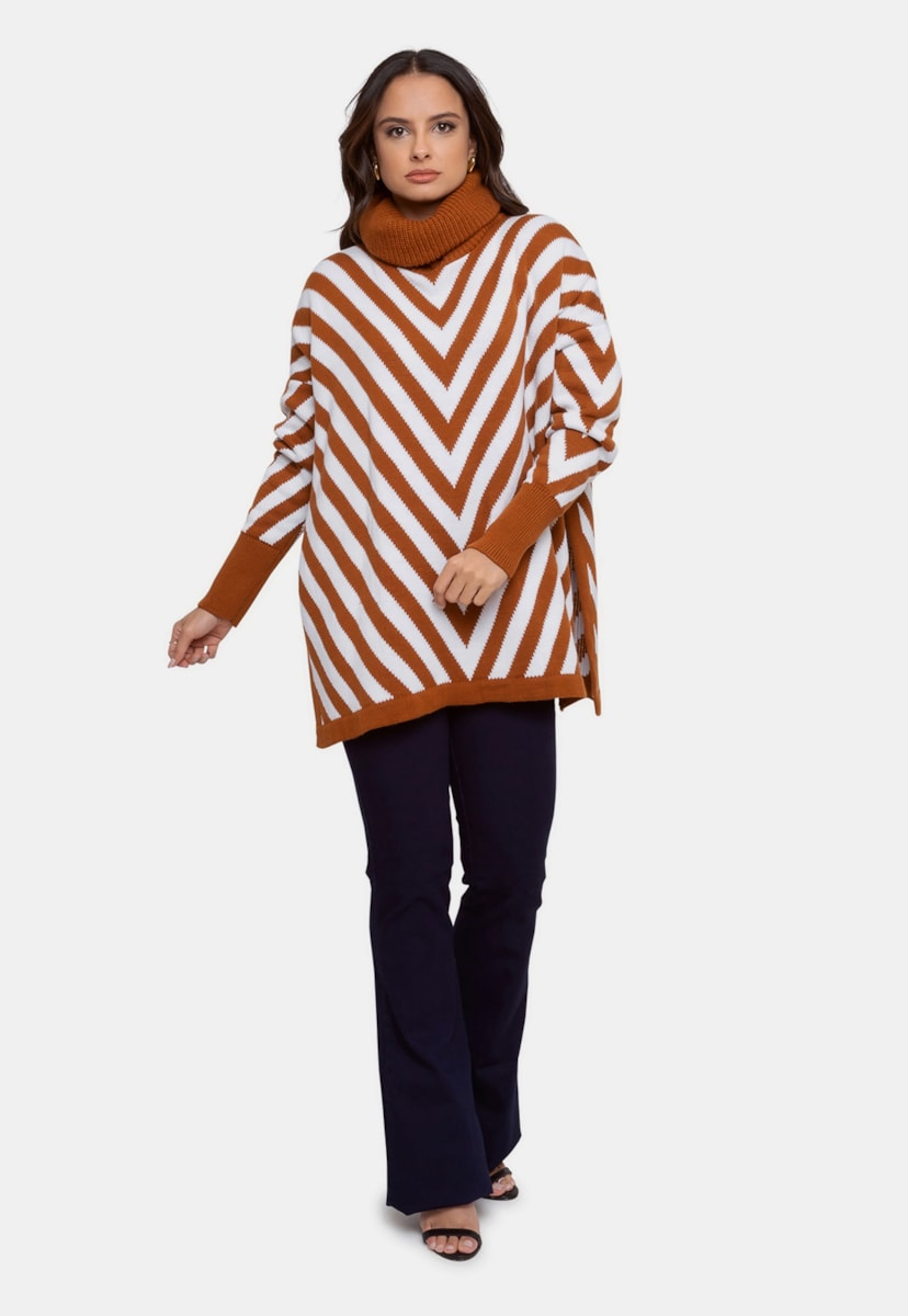 Tricô Poncho Casaco Pink Tricot Mousse Listrado Feminino Ferrugem