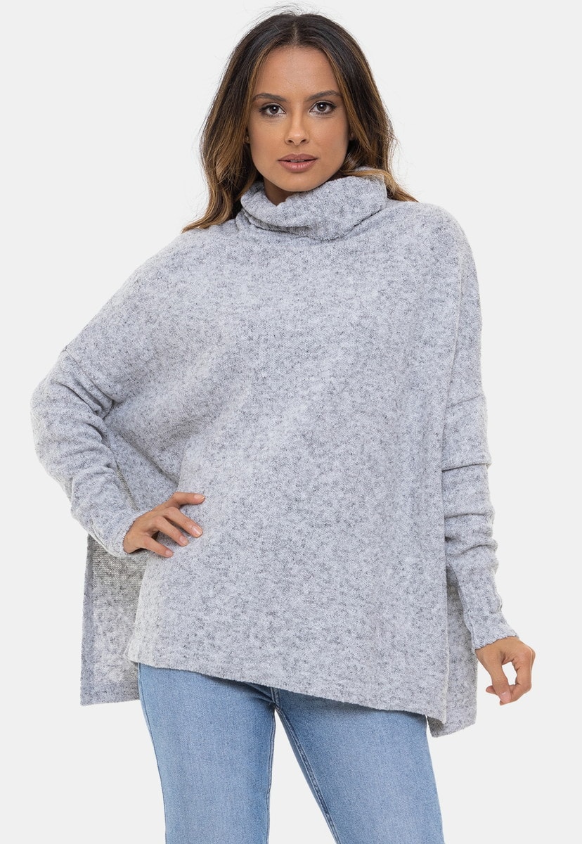 Tricô Poncho Eda Pink Tricot Mousse Manga Longa Canelada e Gola Boba Feminino Cinza