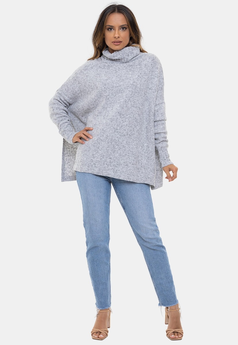 Tricô Poncho Eda Pink Tricot Mousse Manga Longa Canelada e Gola Boba Feminino Cinza