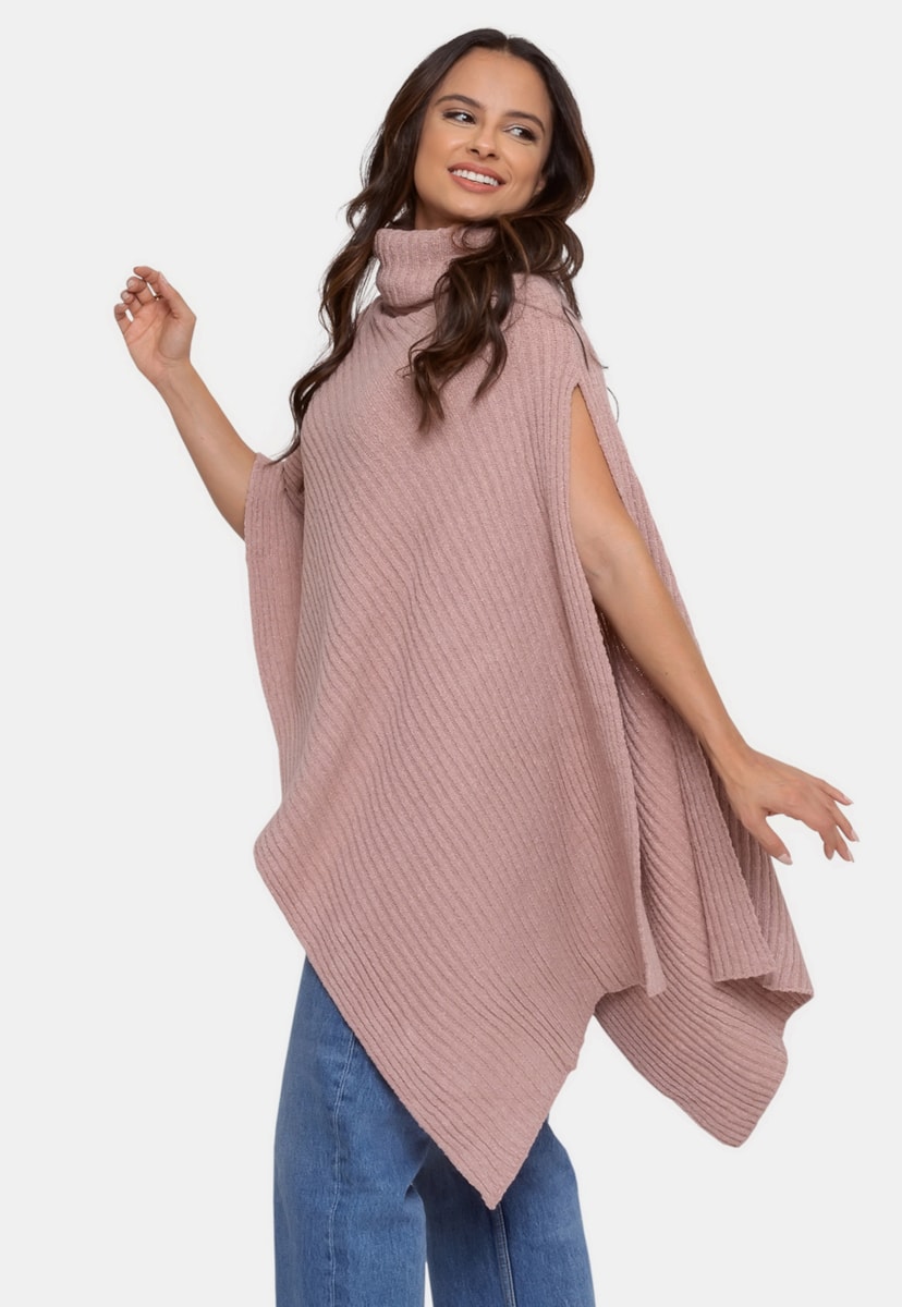 Tricô Poncho Pink Tricot Mousse Com Gola Sem Punhos Feminino Rosê