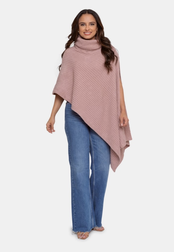 Tricô Poncho Pink Tricot Mousse Com Gola Sem Punhos Feminino Rosê