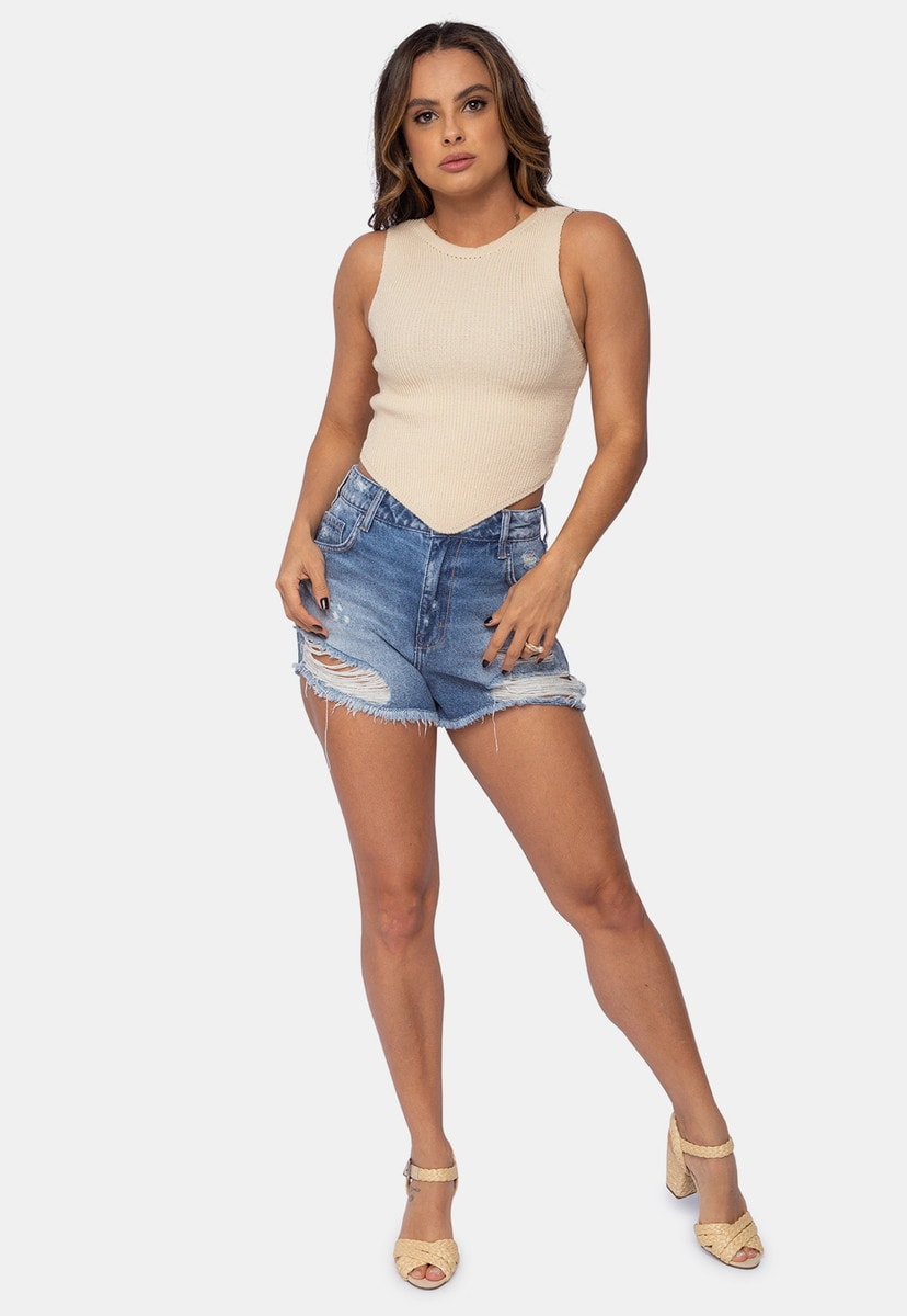 Tricô Regata com Bico Pink Tricot Modal Canelado Feminino Bege Alfreda
