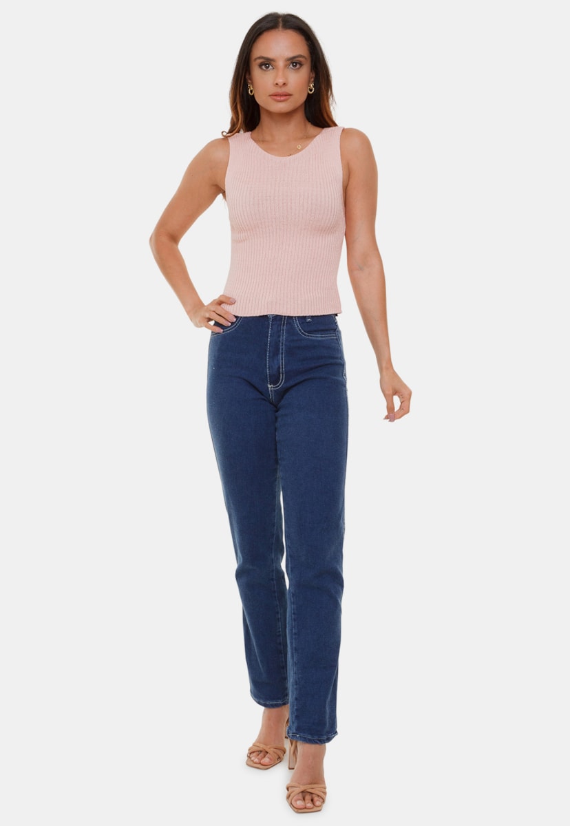 Tricô Regata Cropped Pink Tricot Gabriela Modal Canelado Decote Redondo Feminino Rosa Claro