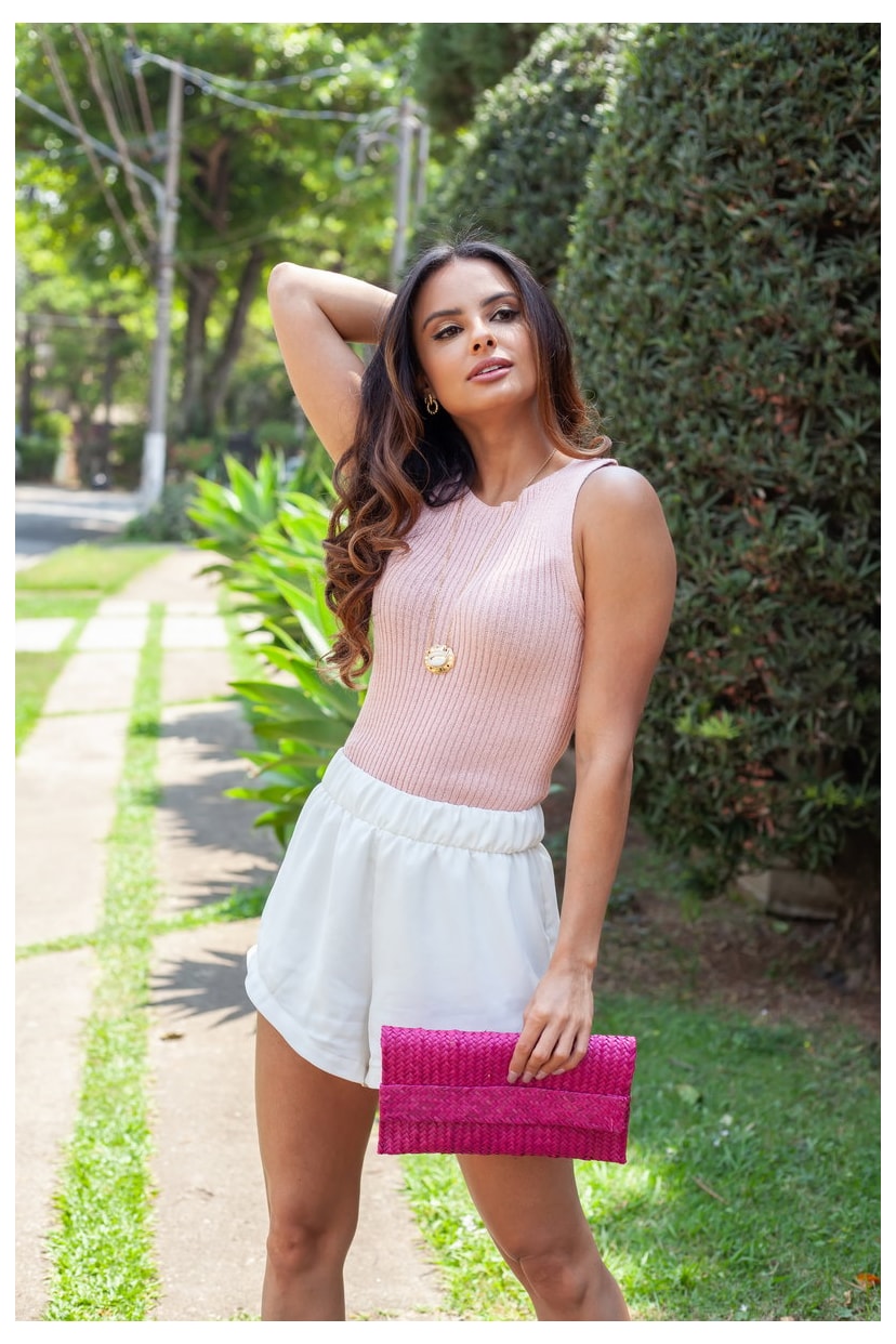 Tricô Regata Cropped Pink Tricot Gabriela Modal Canelado Decote Redondo Feminino Rosa Claro
