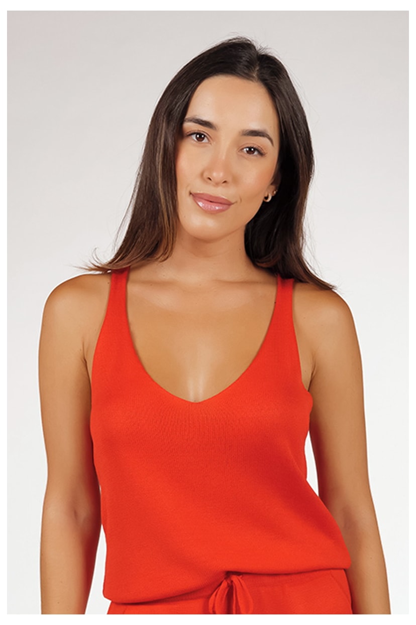 Tricô Regata Feminina Pink Tricot Básica Modal Com Decote V Coral