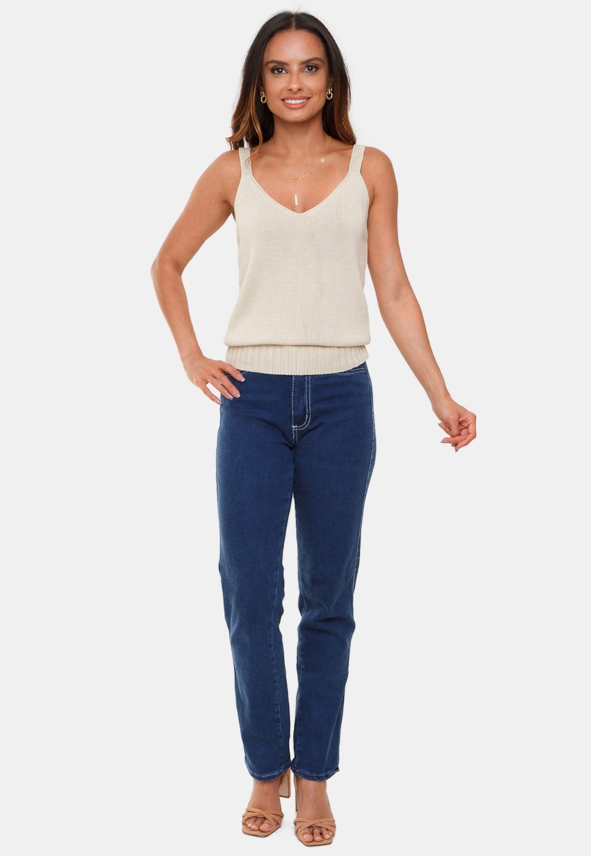 Tricô Regata Pink Tricot Linha Com Ponto Fang Tássia e Alças Feminino Bege