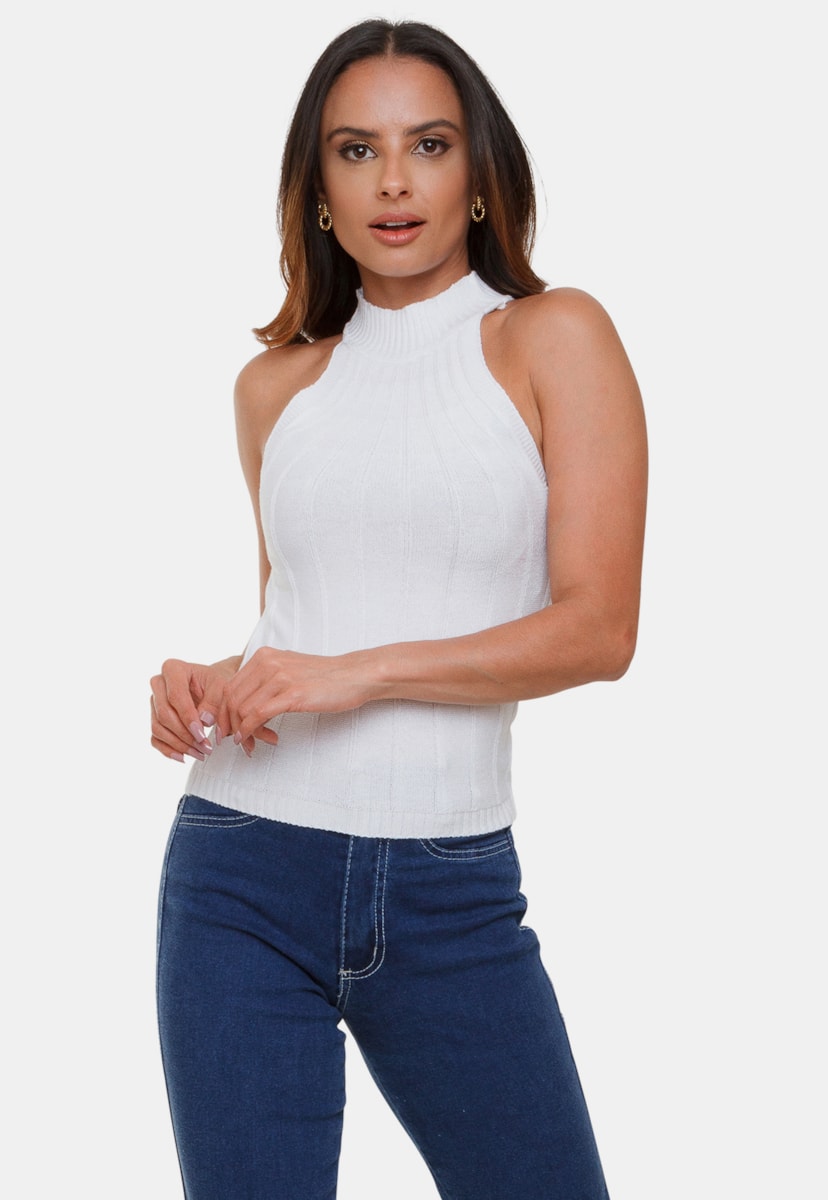 Tricô Regata Pink Tricot Modal Canelado Antônia Com Gola Alta Feminino Cor:Branco;Tamanho:Único