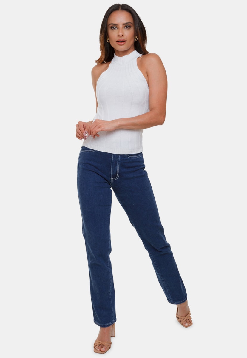 Tricô Regata Pink Tricot Modal Canelado Antônia Com Gola Alta Feminino Cor:Branco;Tamanho:Único