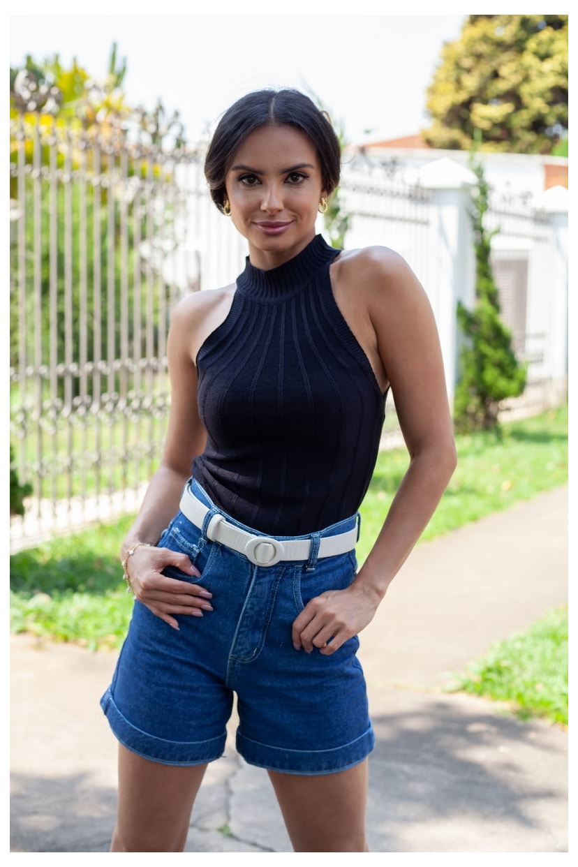 Tricô Regata Pink Tricot Modal Canelado Antônia Com Gola Alta Feminino Preto