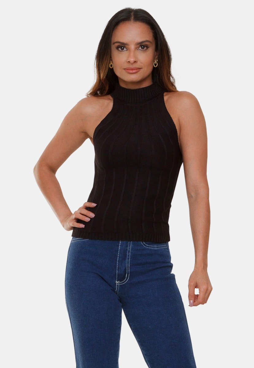 Tricô Regata Pink Tricot Modal Canelado Antônia Com Gola Alta Feminino Preto