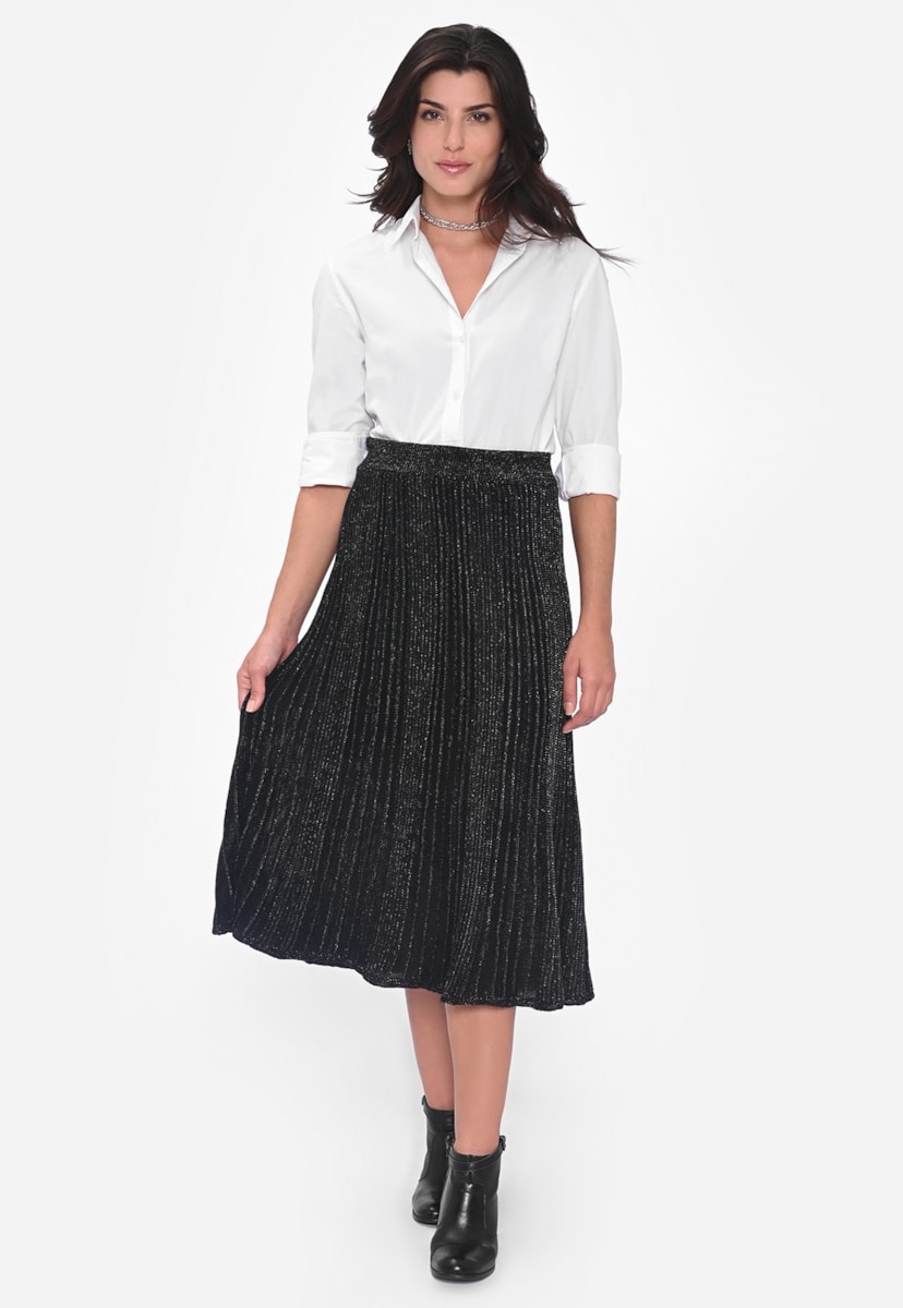 Tricô Saia Midi Plissada de Tricot com Lurex Feminina Preto