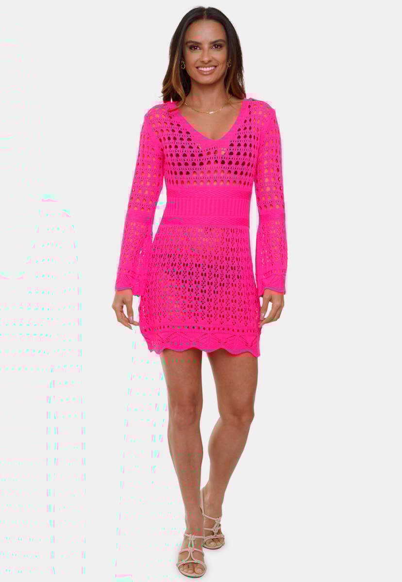 Tricô Saída de Praia Curta Pink Tricot Rendado Aurora Com Manga Flare Feminino Pink
